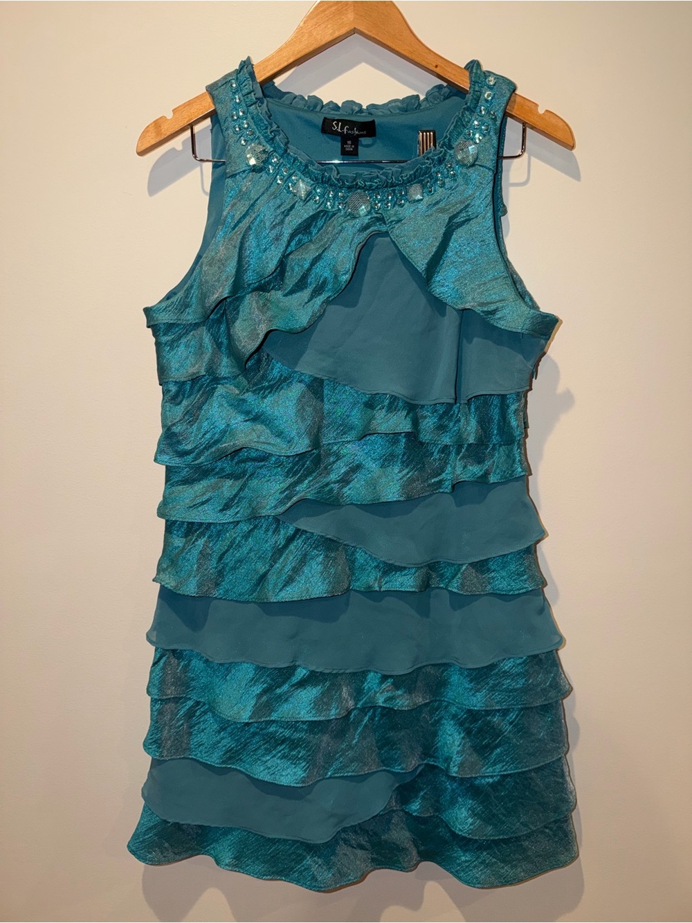 S.L. Fashions Teal Ruffle Tiered Dress